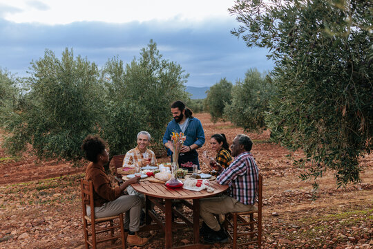 Farmers enjoying lunch together in olive grove after harvesting olives