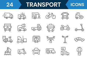 Transport line icons set. Transport, vehicle outline icon vector with editable stroke. Cars, truck, ship, boat, train, subway, motorcycle, scooter and more. Vector illustration.