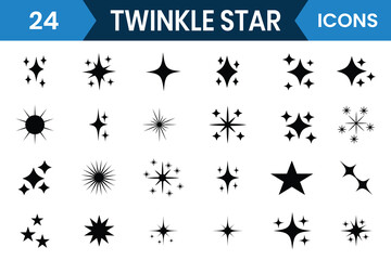 Set of twinkling stars vector, icon. Twinkle shining star icon, vector set. Minimalist twinkle star icon symbols. Twinkling spark, shining star, Set of twinkling star vector silhouettes of stars.