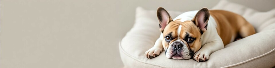 Cozy Canine: A relaxed French Bulldog lounges in a comfortable bed, its expressive eyes conveying a sense of contentment and companionship.