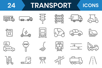 Fototapeta premium Transport icons set. Transport, vehicle outline icon vector with editable stroke. Cars, truck, ship, boat, train, subway, motorcycle, scooter and more. Vector illustration.