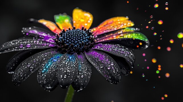 Vibrant rainbow flower with water droplets