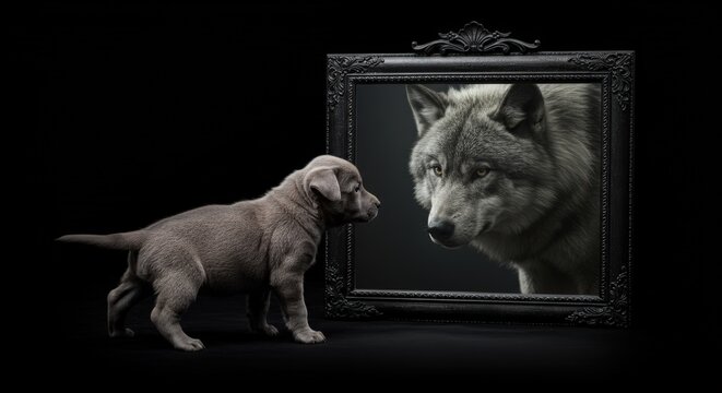 Small gray non-confident insecure frightened puppy looks in mirror and sees big brave strong confident gray wolf. Metaphor for self-esteem, self-respect, self-love. Believing in you will succeed