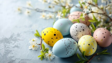 Speckled Easter Eggs and White Flowers on Light Blue Tabletop for Seasonal Greeting Cards