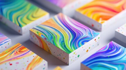 Series of colorful boxes with a unique design that resembles a colorful wave. for-mochup-3D-isolated-background