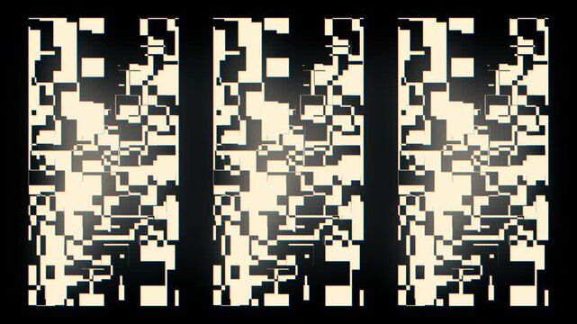 Retro black frame of old movie with mosaic transition grey shapes background. Damage to old film frame damage background. VHS film tv frame old film effect, for VJ music stage, transition, show	