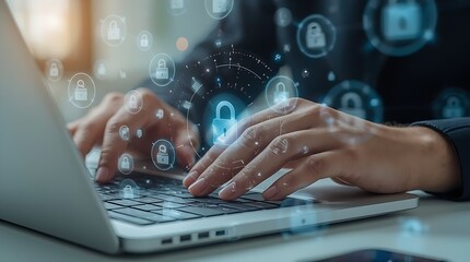 Hands typing on laptop with security padlock overlay