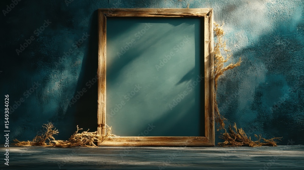 Poster an artistic display featuring an empty frame surrounded by textured natural elements, inviting imagi