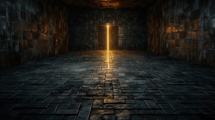 A dark, foreboding room contrasts with a bright, glowing doorway, symbolizing hope and escape, evoking feelings of curiosity and contemplation about the unknown.