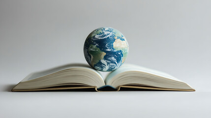 A miniature globe resting on an open book against a neutral background