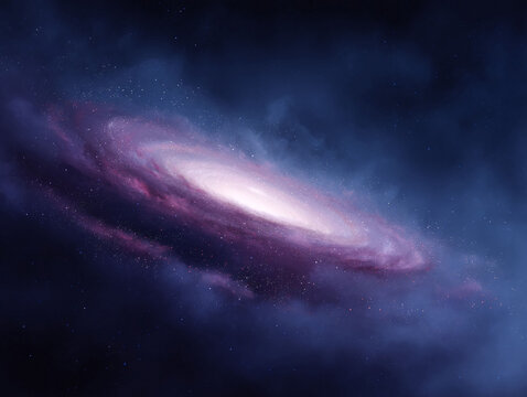 Captivating space view featuring a swirling galaxy with pink and purple hues, perfect for astronomy, science, or technology themes. Evokes awe, mystery and exploration.