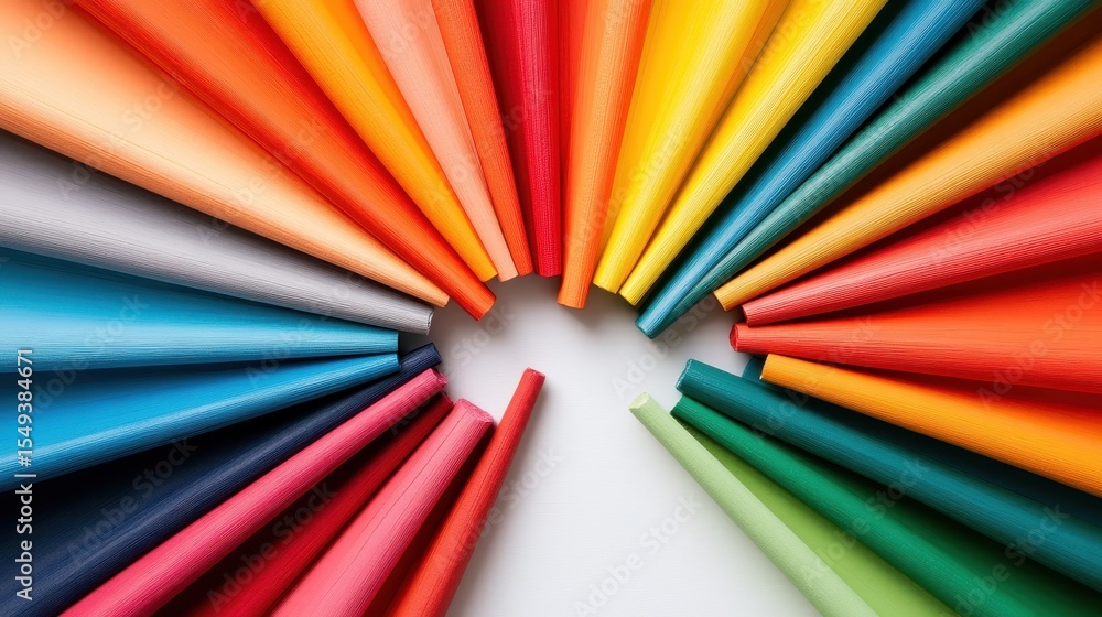 Poster a mesmerizing arrangement of colorful paper rolls in a circular pattern, showcasing a spectrum of vi