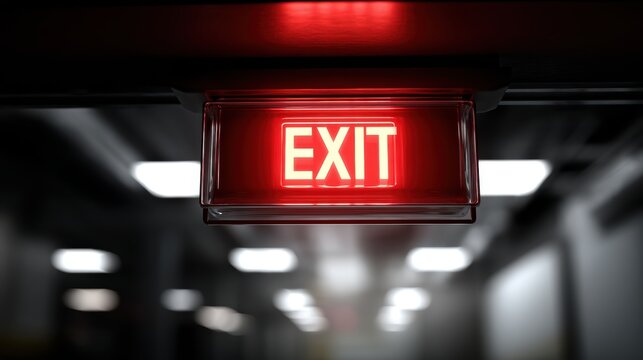 Industrial neon exit sign glowing red above a doorway on a softly blurred warehouse interior backdrop
