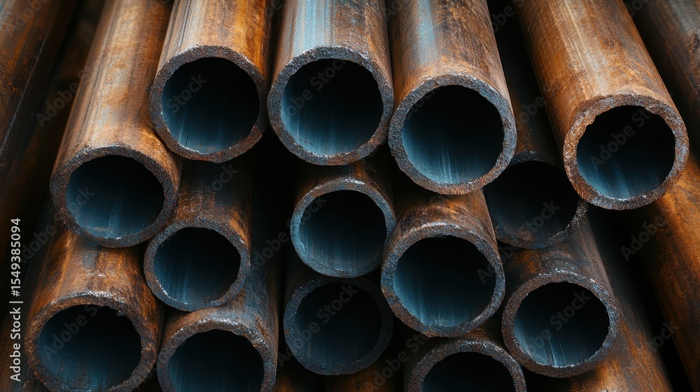 Aufkleber an array of rusty pipes is stacked neatly, showcasing contrasting textures and colors that evoke fee