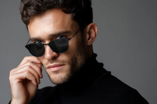 A man wearing sunglasses and a black turtleneck against a grey backdrop
