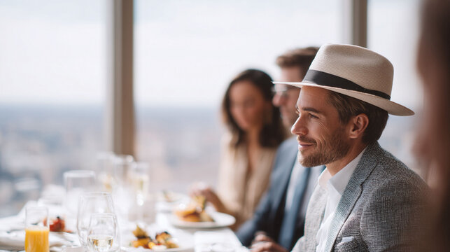 Elegant man in a hat at a highend lunch with friends. Upscale dining, celebration, success,  modern sophistication. Perfect for lifestyle, business,  luxury ads.