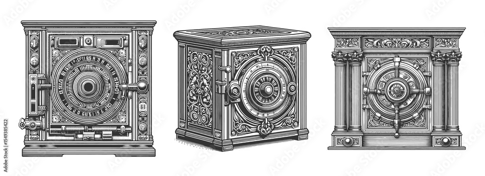 Poster safe vault set collection bundle sketch engraving generative ai vector illustration. scratch board i