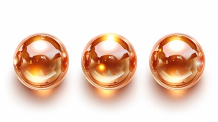 Three Glossy Golden Capsules Isolated on White Background for Pharmaceutical or Supplement Theme