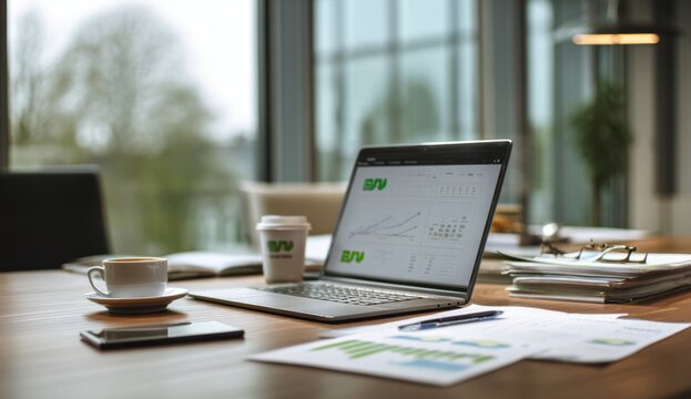 Laptop on a modern office desk displaying financial charts, symbolizing data-driven business analysis.