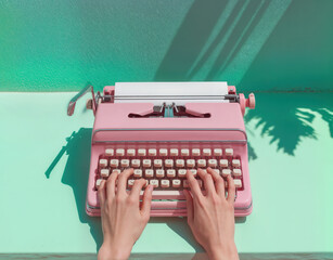 Hands typing on a pastel pink vintage typewriter placed on a mint green desk, with warm sunlight. Summertime, nostalgic, creativity retro background.