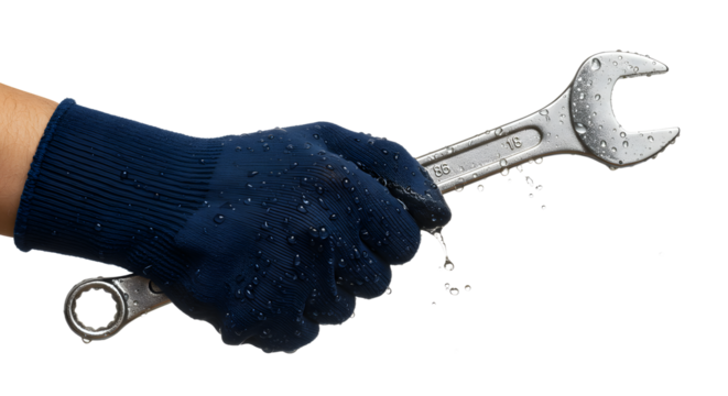 Holding Wrench with Protective Glove and Water Droplets on White