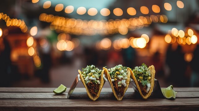 Jackfruit taco trio with lime wedges on a wooden board on a softly blurred vegan street fair backdrop