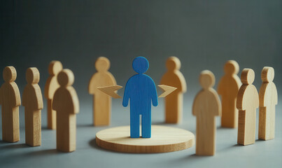 A blue figure, central to a circle of wooden figures, suggests leadership and influence