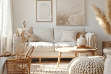 Detailed Color Image of Scandinavian Interior Living Room with Mock Up Frame on the Wall
