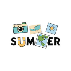 summer travel collage with maps photos and vintage elements Vector illustration