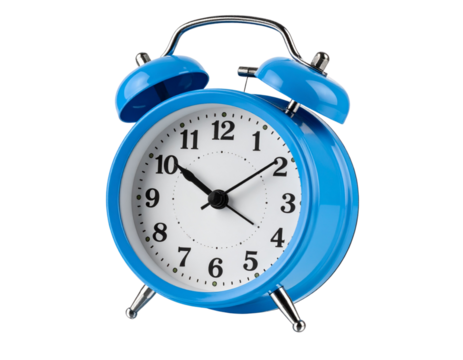 Vibrant Blue Alarm Clock Tilted at 45 Degrees with Reflective Surface, isolated on a transparent background