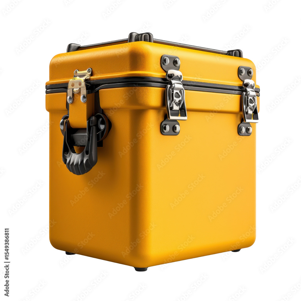 Poster vibrant yellow storage box with sturdy design, featuring metal clasps and handle, perfect for organi