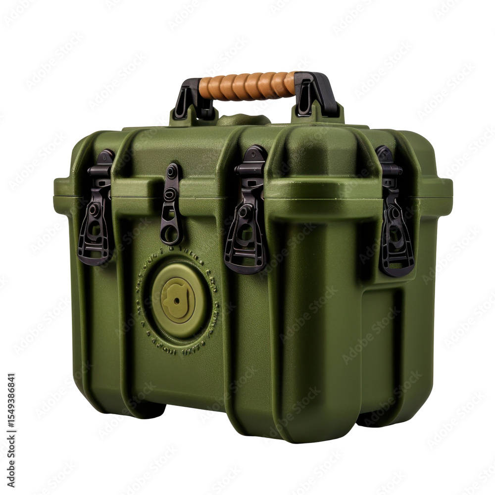 Poster sturdy green storage box with textured surface, featuring secure latch system and comfortable handle