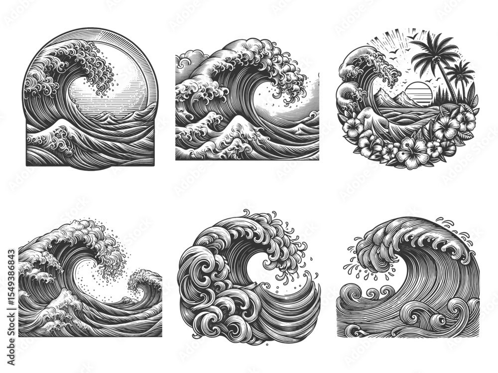 Poster ocean wave set collection bundle sketch engraving generative ai vector illustration. scratch board i