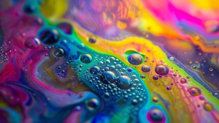 Liquid Rainbow Abstract with Iridescent Paint Swirls and Soap Bubble Effect for Unique Background