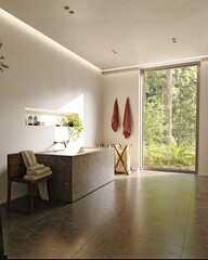 Modern bathroom interior with terrazzo bathtub and large window overlooking a lush forest, 3d rendering for architectural concept