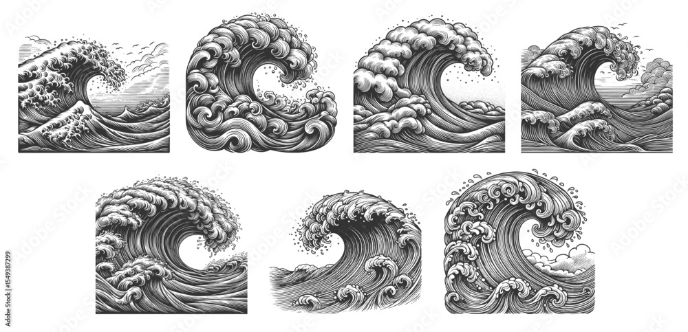 Poster ocean wave set collection bundle sketch engraving generative ai vector illustration. scratch board i