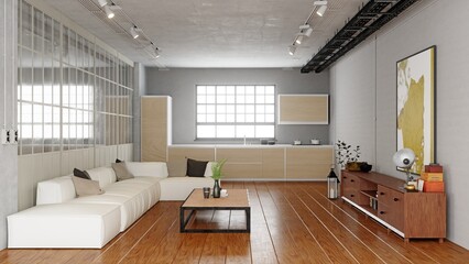 Industrial modern loft living room and kitchen interior with concrete walls, wood floor, and large white sofa. 3d rendering for real estate.