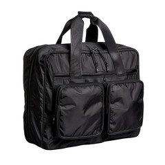 Naklejka premium Stylish black travel bag with multiple compartments, perfect for organizing essentials and ideal for business or leisure trips