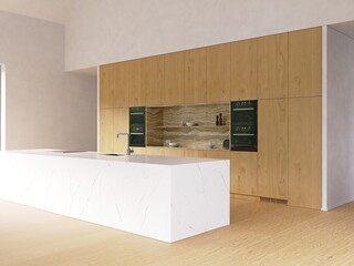 Modern kitchen with white marble island and light wood cabinets, equipped with built in appliances for contemporary living design