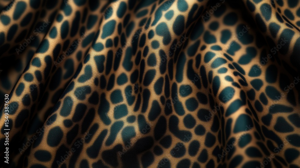 Poster a close-up view of an elegant leopard print fabric, showcasing its unique texture and vibrant colors