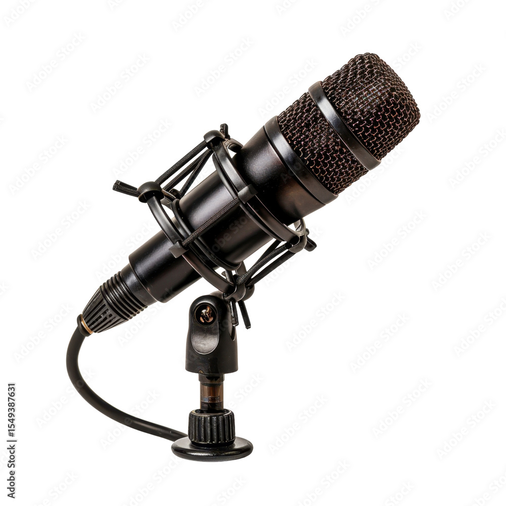 Poster professional microphone with sturdy stand, ideal for recording and broadcasting. its sleek design an