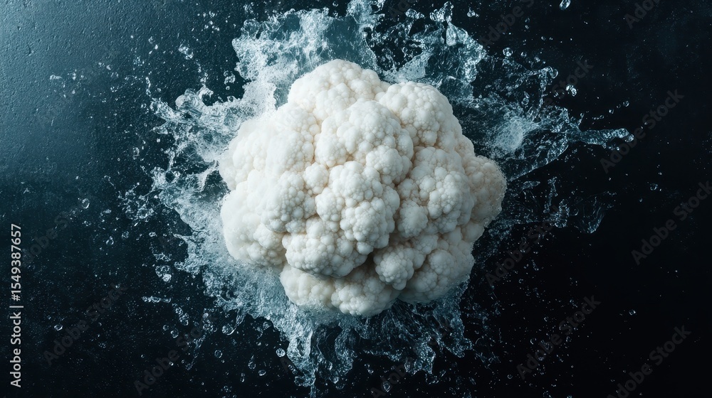 Aufkleber the image captures a cauliflower bursting out of water, creating an explosive, dynamic action scene 