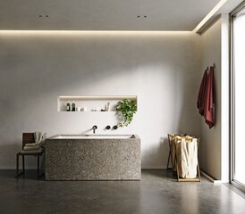 Modern minimalist bathroom interior with a stone bathtub and light colored textured walls. Contemporary home design concept
