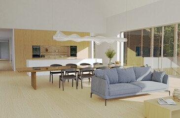 A bright open plan living space with kitchen area, living room with blue couch, and dining table, 3d rendering, modern home