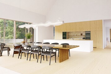 Modern home interior with open kitchen and dining area, featuring a long wood table and large windows. 3d rendering for architectural design and real estate.