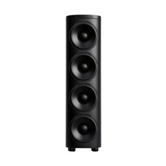 High quality black speaker tower with four large woofers, designed for powerful sound output and deep bass. Perfect for music enthusiasts and home