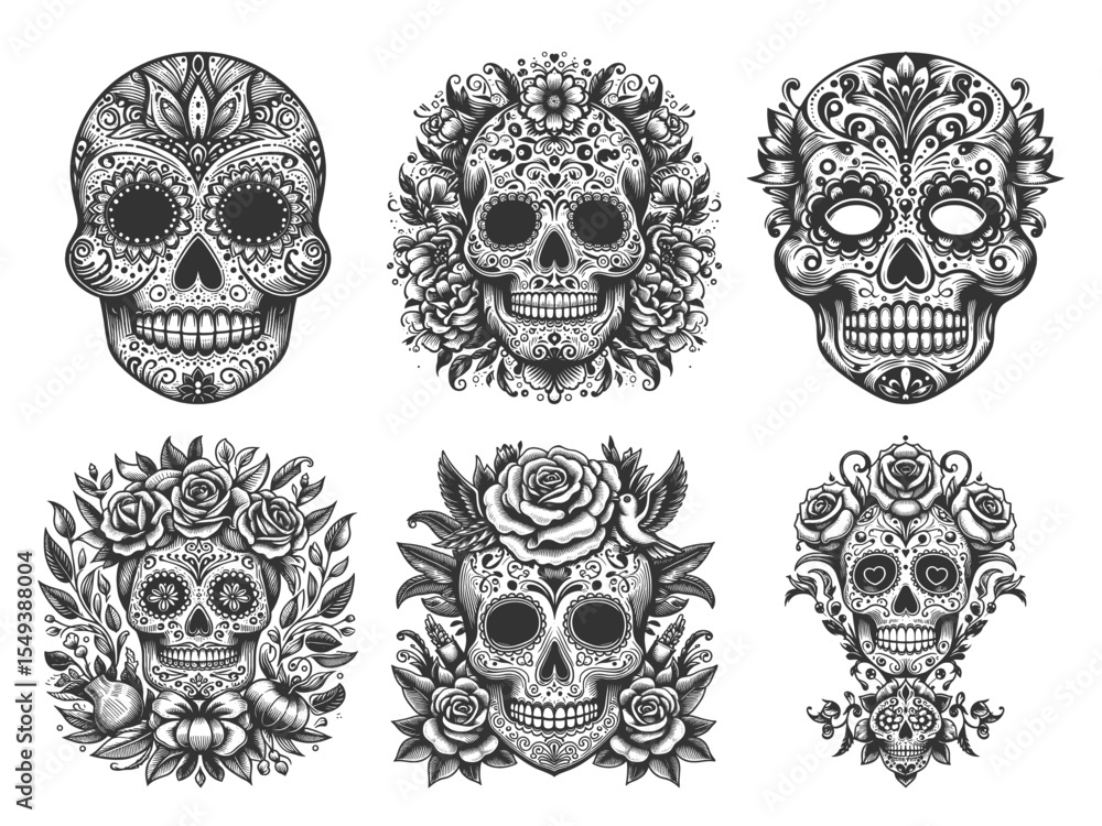 Poster day of the dead skull set collection bundle sketch engraving generative ai vector illustration. scra