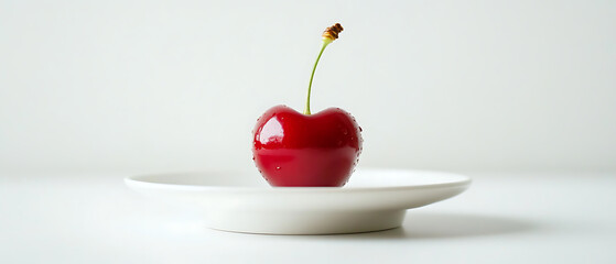 A single cherry with a green stem placed on a white plate against a minimalist background