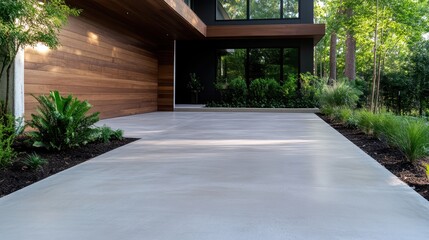 Obraz premium A sleek and modern home exterior featuring a smooth concrete driveway surrounded by vibrant landscaping, showcasing a harmonious blend of nature and contemporary architecture.