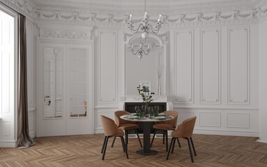 3d rendering of an elegant white rococo dining room with a prepared table, chandelier, and fireplace.